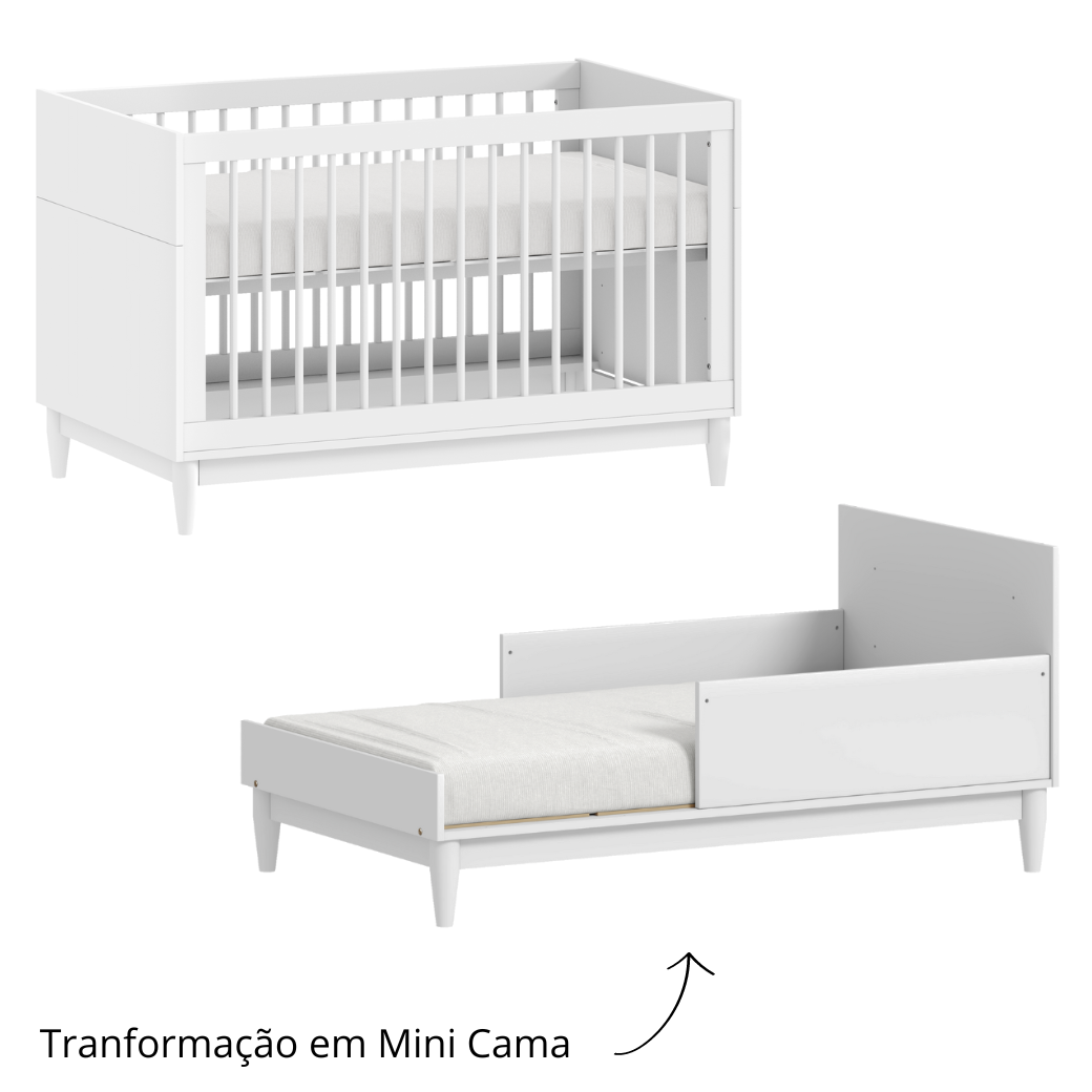 Berço e Cômoda Grande 6 gavetas Branco Fosco Linha Tomi