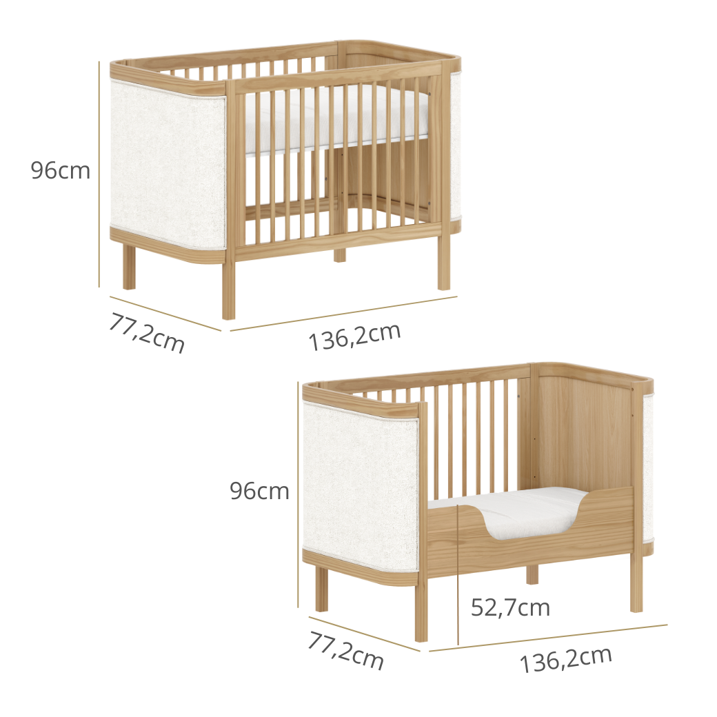 Berço de Madeira com Tecido Bouclé 2 em 1 Carvalho Malva Linha Soley